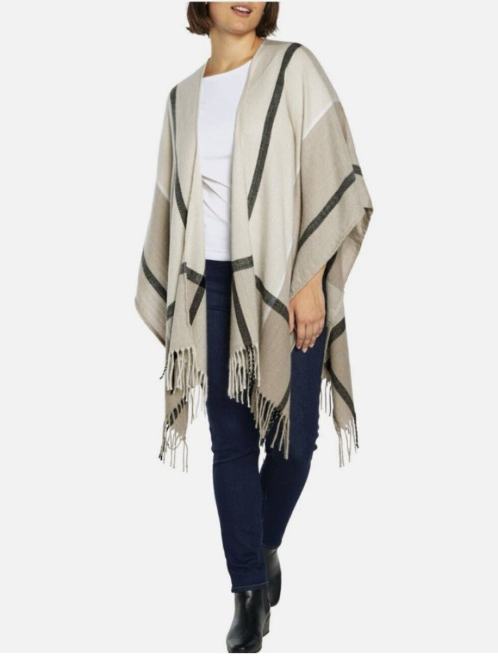 Three Dots Womens One Size Fringe Detail Cashmere Blend Wrap Shawl Scarf Sweater